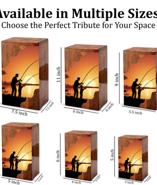 Sunset Fishing Wooden Cremation Urn – Gone Fishing Memorial Wooden Urn for Human Ashes