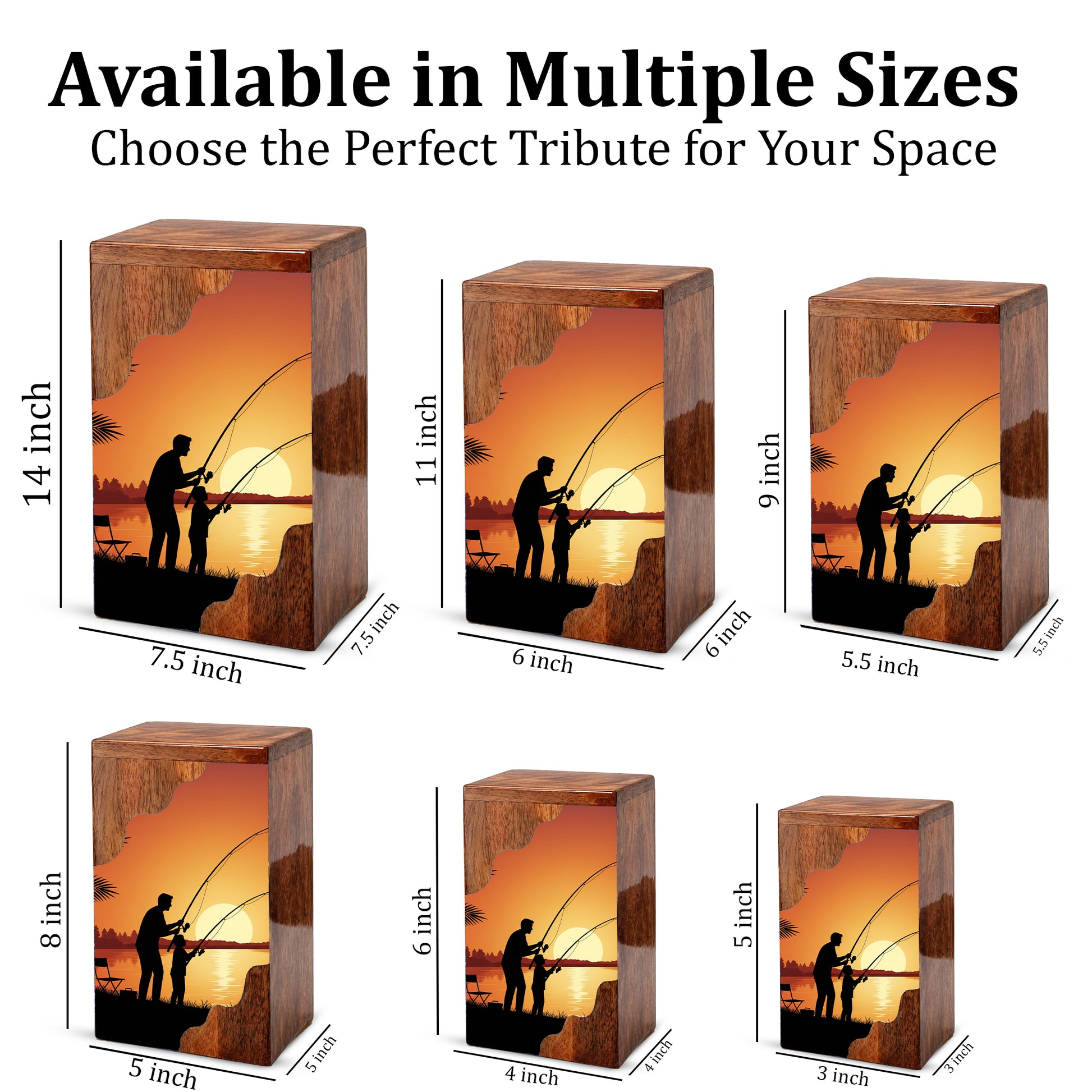 Sunset Fishing Wooden Cremation Urn – Gone Fishing Memorial Wooden Urn for Human Ashes