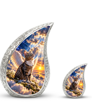 Angel Cat Cremation Urn for Ashes, Winged Cat Memorial Urn, Adult Aluminum Urn