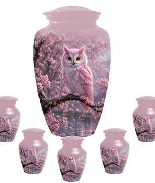 Pink Owl Cremation Urn for Mom, Cherry Blossom Memorial Urns for Ashes