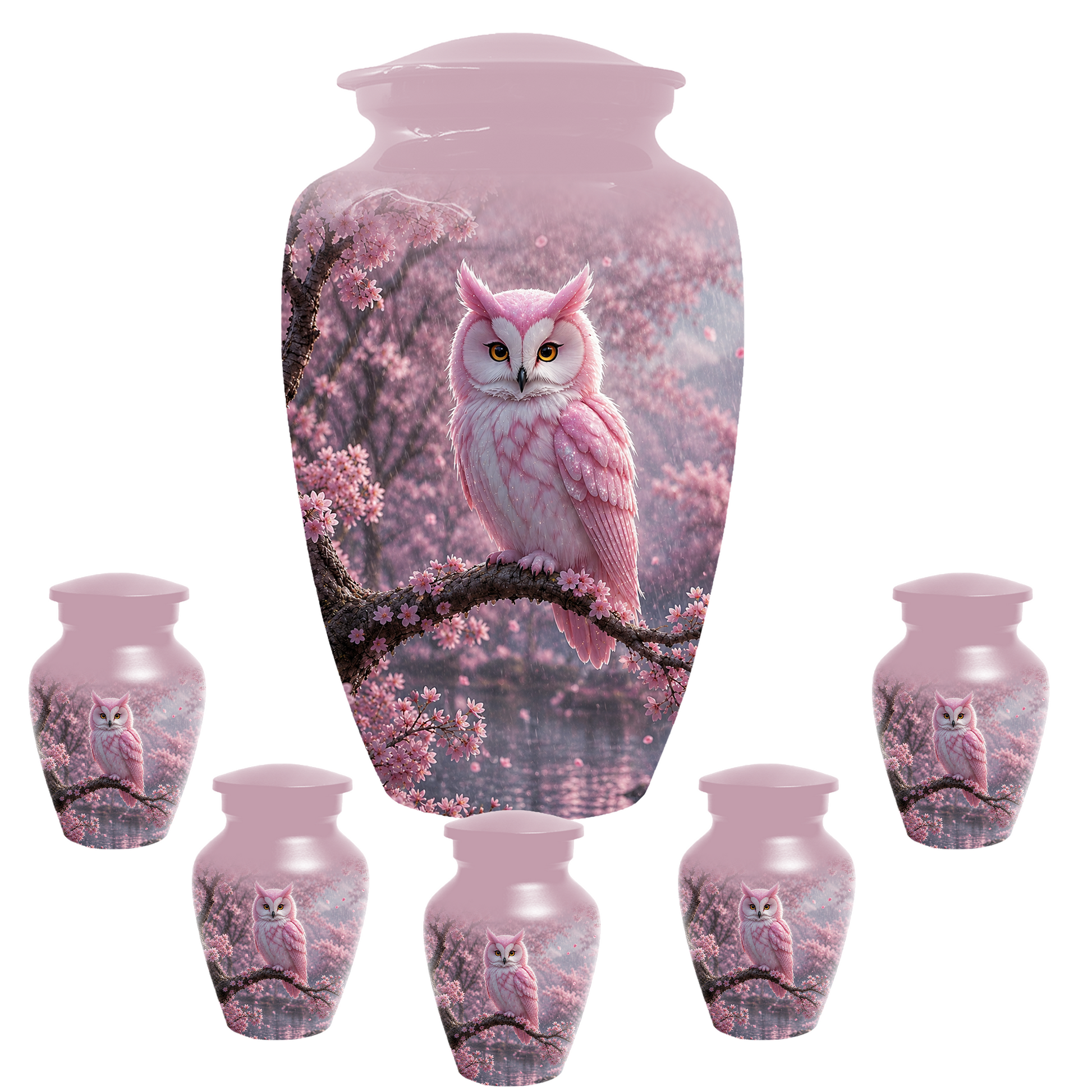 Pink Owl Cremation Urn for Mom, Cherry Blossom Memorial Urns for Ashes