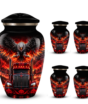 Personalized Adult Cremation Urn for Ashes, Custom Red Semi Truck and Fiery Eagle Memorial Urn, Truck Driver Urn