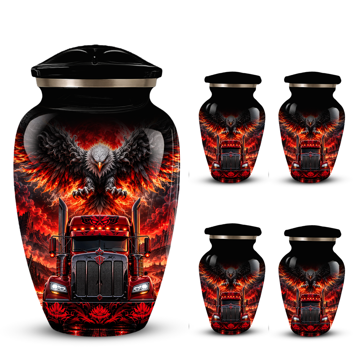 Personalized Adult Cremation Urn for Ashes, Custom Red Semi Truck and Fiery Eagle Memorial Urn, Truck Driver Urn