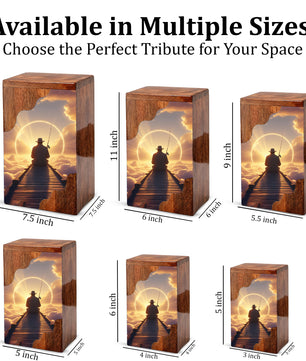 Fishing in Heaven Personalized Wooden Cremation Urn for Dad – Custom Memorial Urn with Sunset Fishing