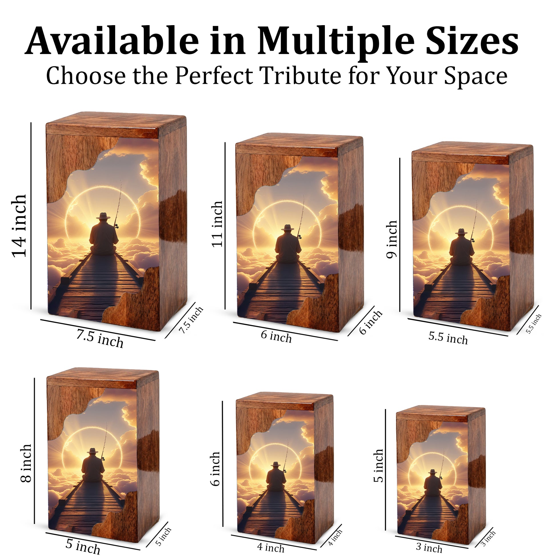 Fishing in Heaven Personalized Wooden Cremation Urn for Dad – Custom Memorial Urn with Sunset Fishing