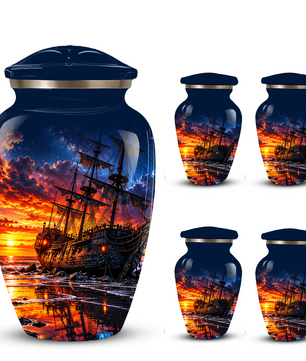 Personalized Pirate Ship Cremation Urn for Ashes, Sunset Ship Adult Memorial Urn