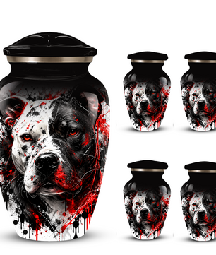 Personalized Pitbull Cremation Urn for Ashes  Black and White Pet Portrait Urn with Red Accents