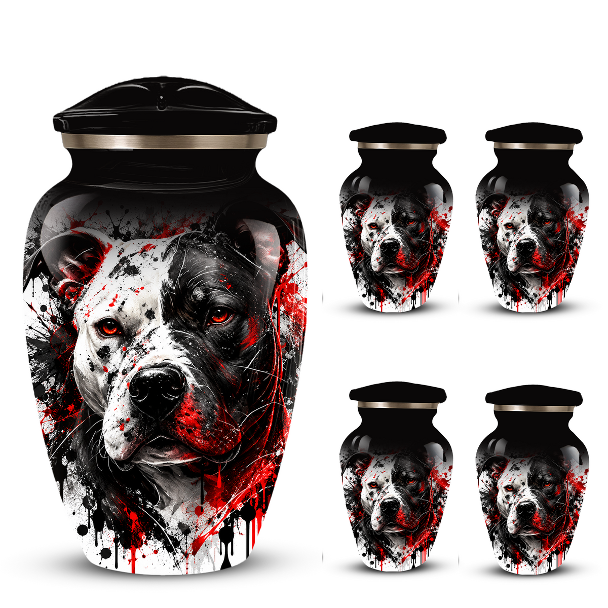 Personalized Pitbull Cremation Urn for Ashes  Black and White Pet Portrait Urn with Red Accents
