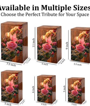 Pink Rose & Butterfly Wooden Cremation Urn – Personalized Memorial Urn for Human Ashes