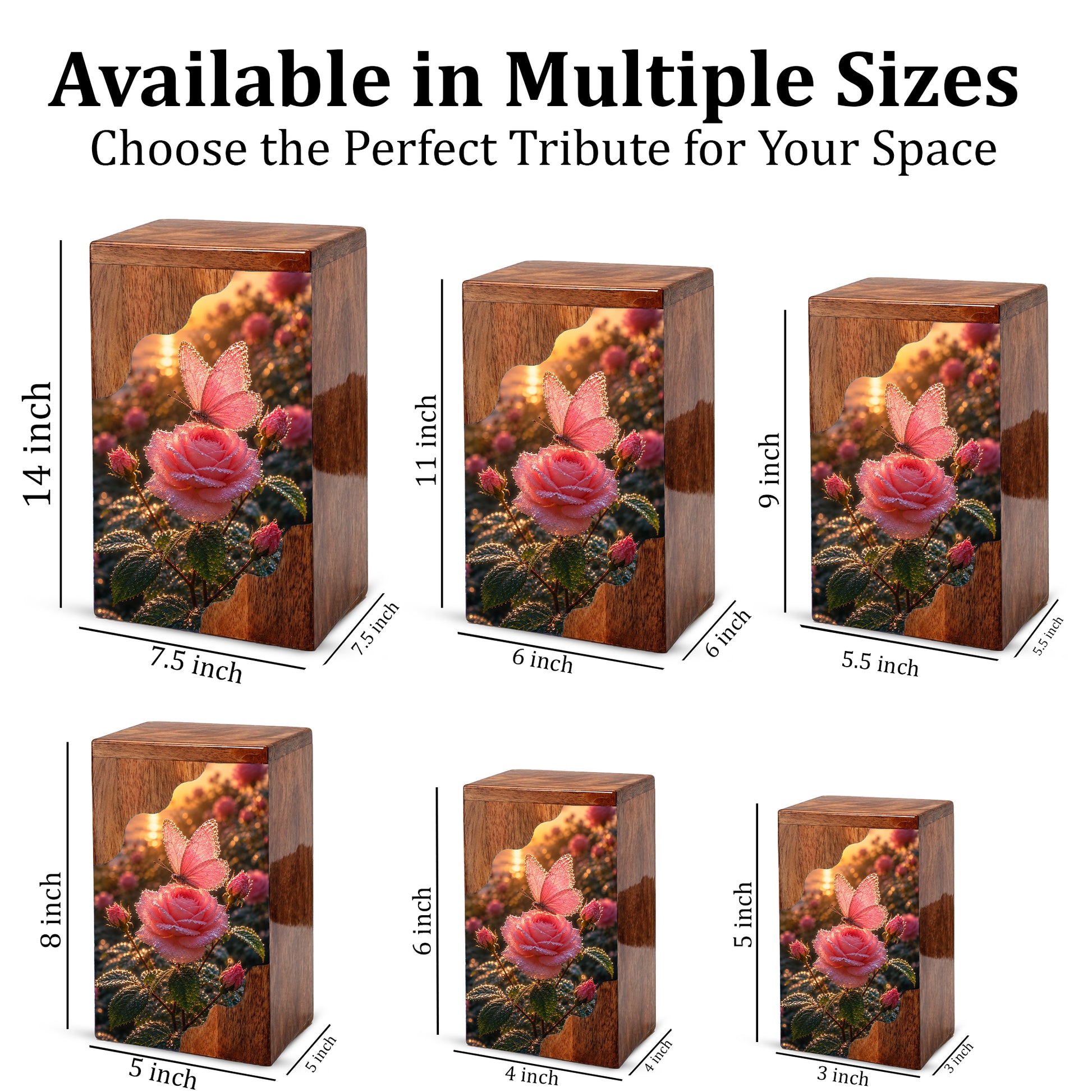 Pink Rose & Butterfly Wooden Cremation Urn – Personalized Memorial Urn for Human Ashes
