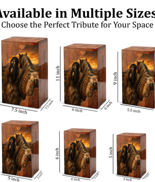 Native Spirit Wooden Cremation Urn – Horse Memorial Urn for Human Ashes | Sunset Tribute Wooden Urn