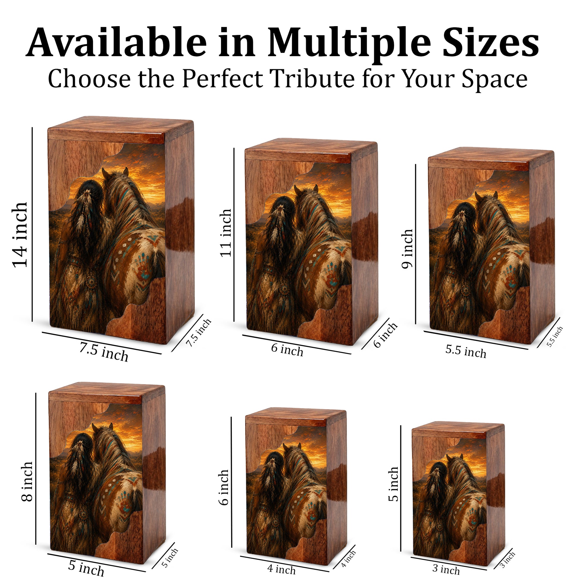 Native Spirit Wooden Cremation Urn – Horse Memorial Urn for Human Ashes | Sunset Tribute Wooden Urn