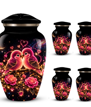 Love Birds Cremation Urn for Adult Ashes, Romantic Pink Birds and Roses Memorial Urn