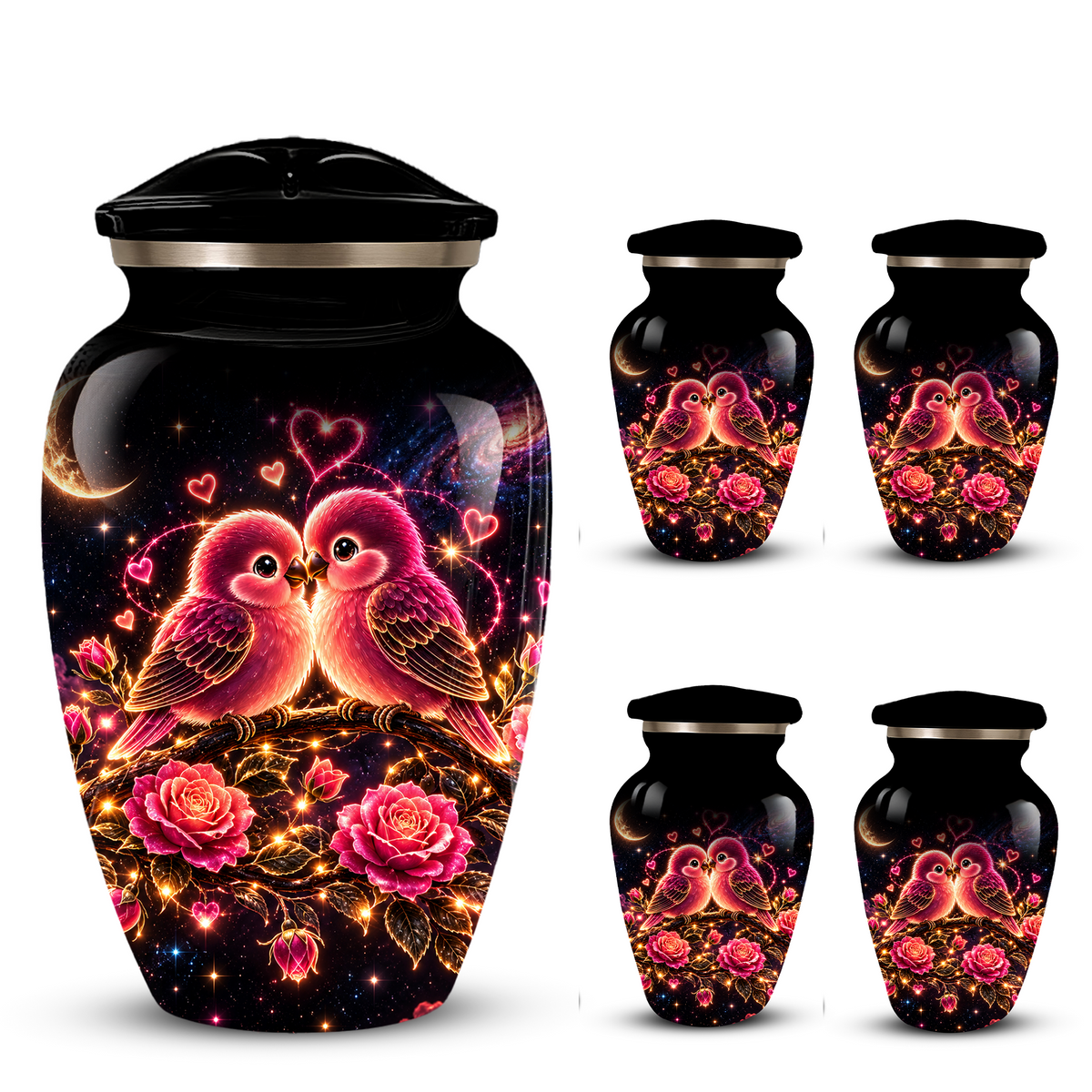 Love Birds Cremation Urn for Adult Ashes, Romantic Pink Birds and Roses Memorial Urn