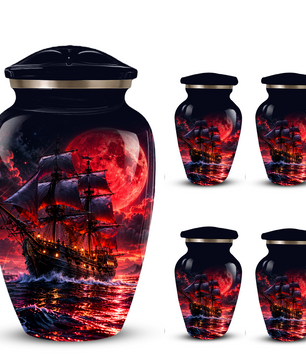 Personalized Adult Cremation Urn for Ashes, Custom Pirate Ship Red Moon Memorial Urn, Nautical Cremation Urn