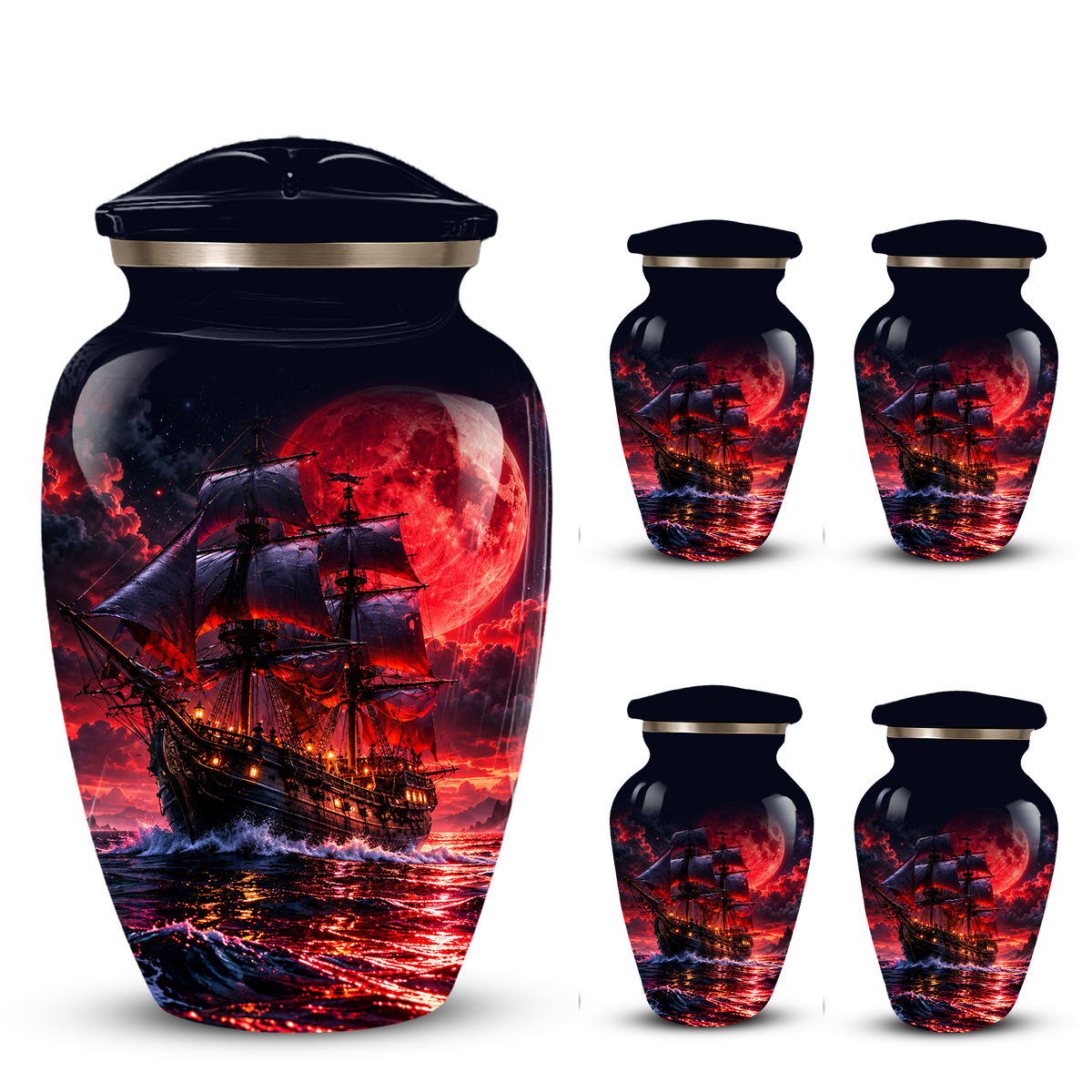 Personalized Adult Cremation Urn for Ashes, Custom Pirate Ship Red Moon Memorial Urn, Nautical Cremation Urn
