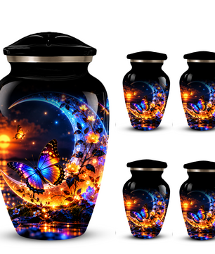 Butterfly Moon Cremation Urn for Adult Ashes, Personalized Adult Memorial Urn with Sunset and Floral Design