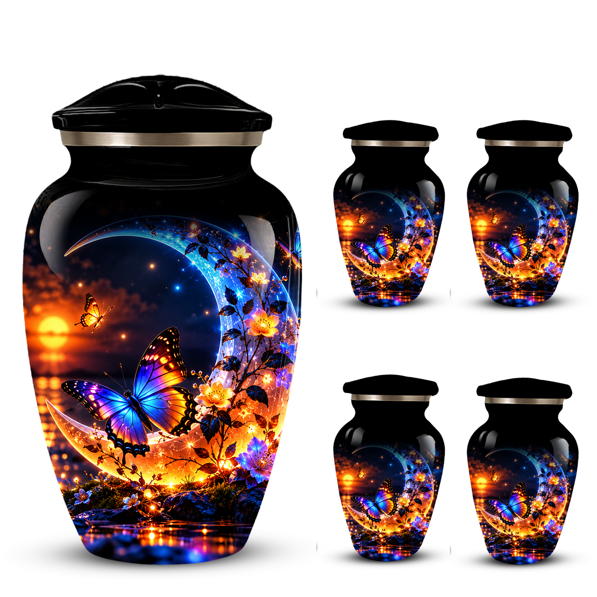 Butterfly Moon Cremation Urn for Adult Ashes, Personalized Adult Memorial Urn with Sunset and Floral Design