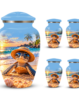 Personalized Sea Turtle Beach Aluminum Urn, Tropical Sunset Memorial Urn for Human Ashes