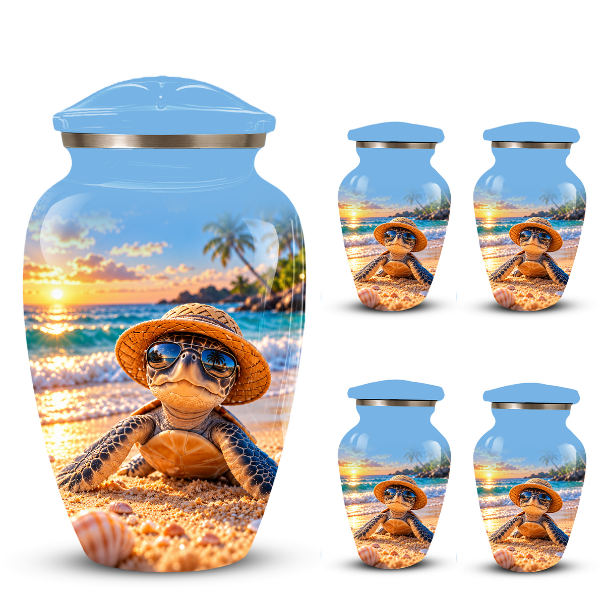 Personalized Sea Turtle Beach Aluminum Urn, Tropical Sunset Memorial Urn for Human Ashes
