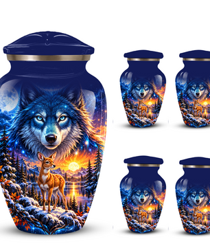 Personalized Wolf and Deer Adult Cremation Urn for Ashes, Wildlife Memorial Urn