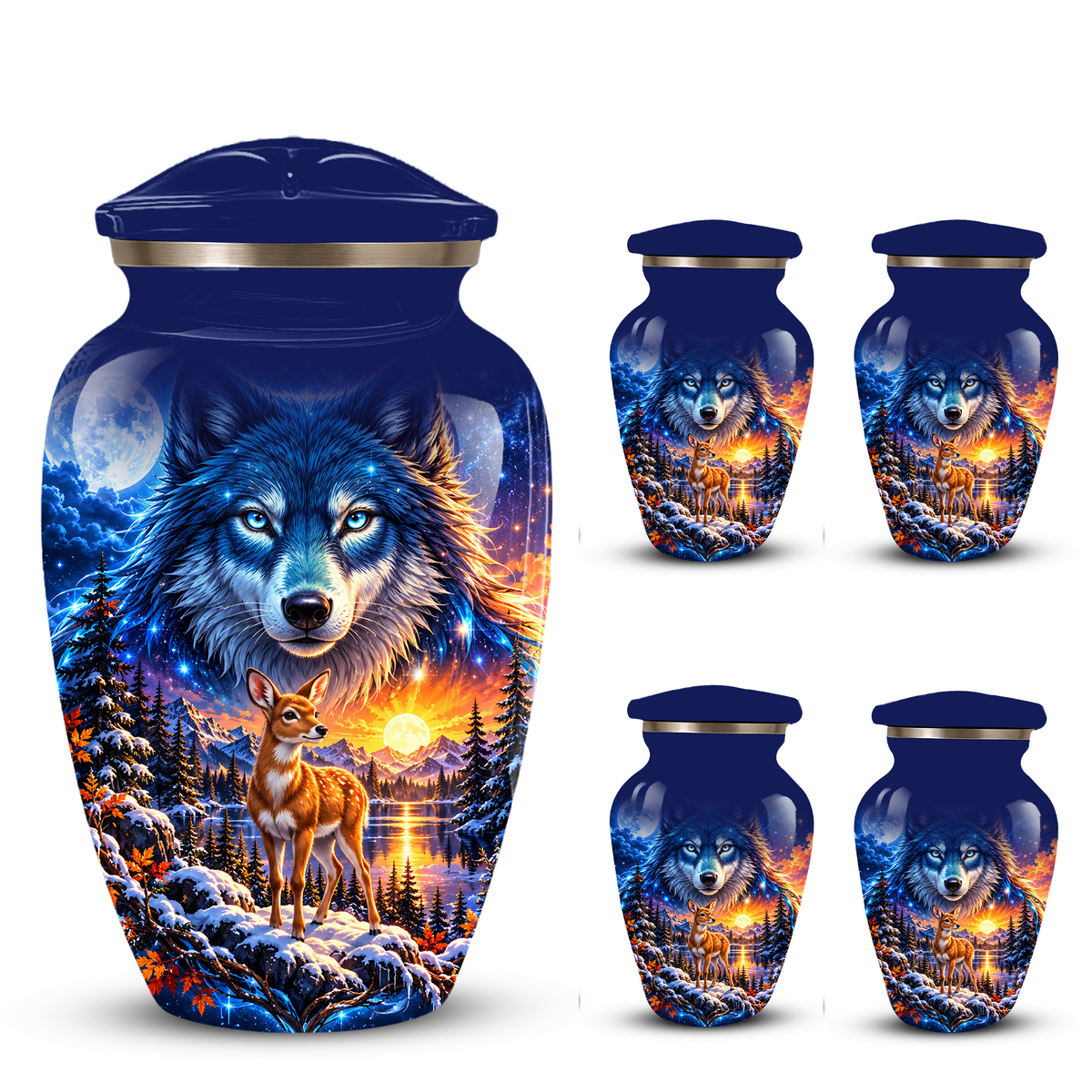 Personalized Wolf and Deer Adult Cremation Urn for Ashes, Wildlife Memorial Urn
