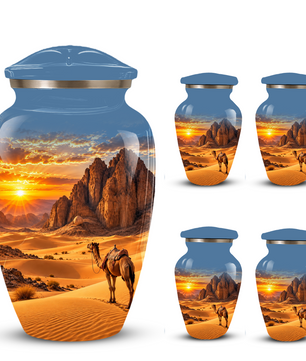 Adult Cremation Urn for Ashes, Personalized Desert Camel Aluminum Urn, Sunset Mountain Memorial Urn