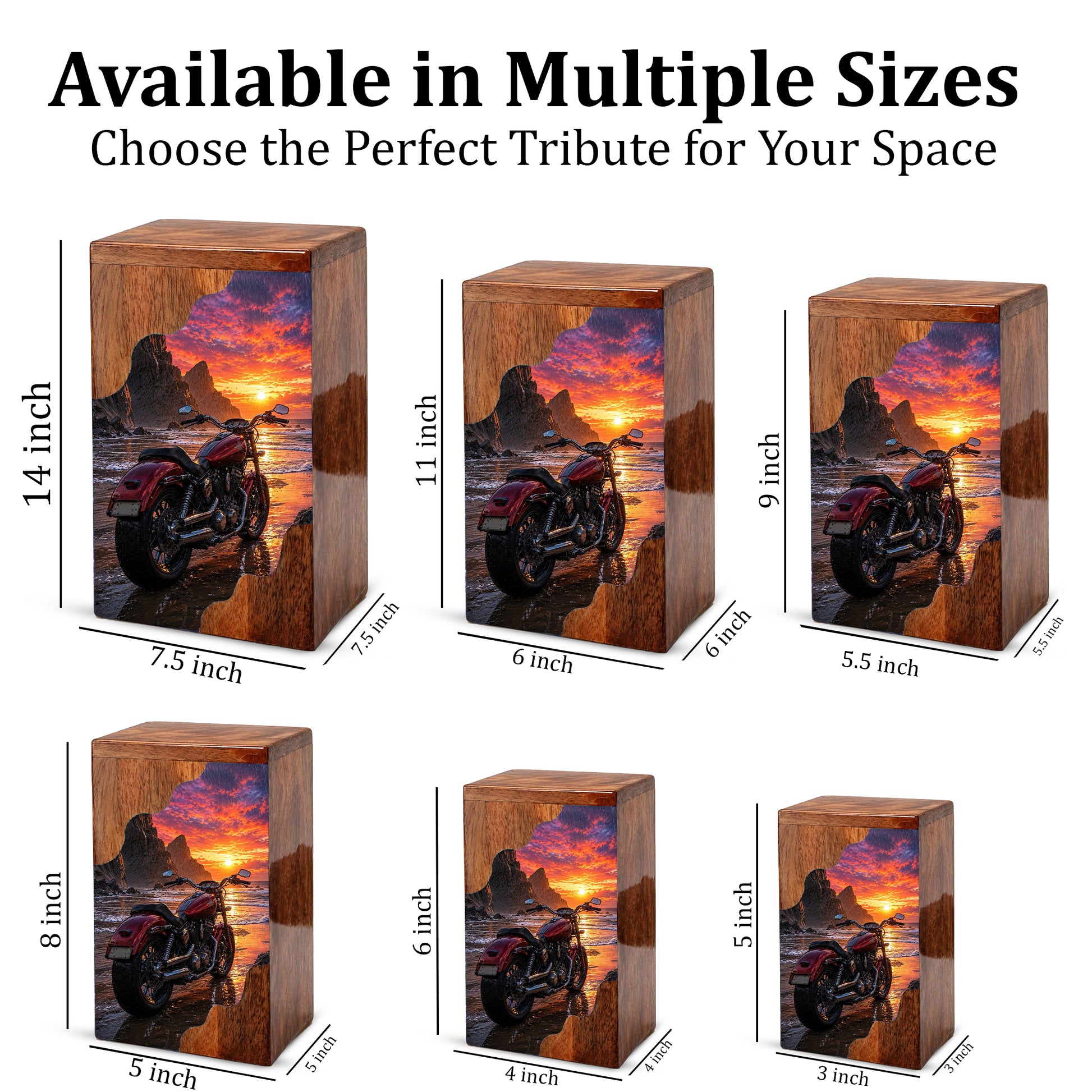 Motorcycle Beach Sunset Cremation Urn – Wooden Urn for Human Ashes