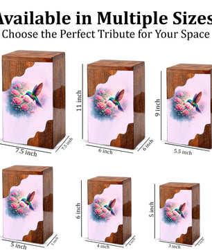 Hummingbird Wooden Cremation Urn – Floral Memorial Urn with Hummingbird Design