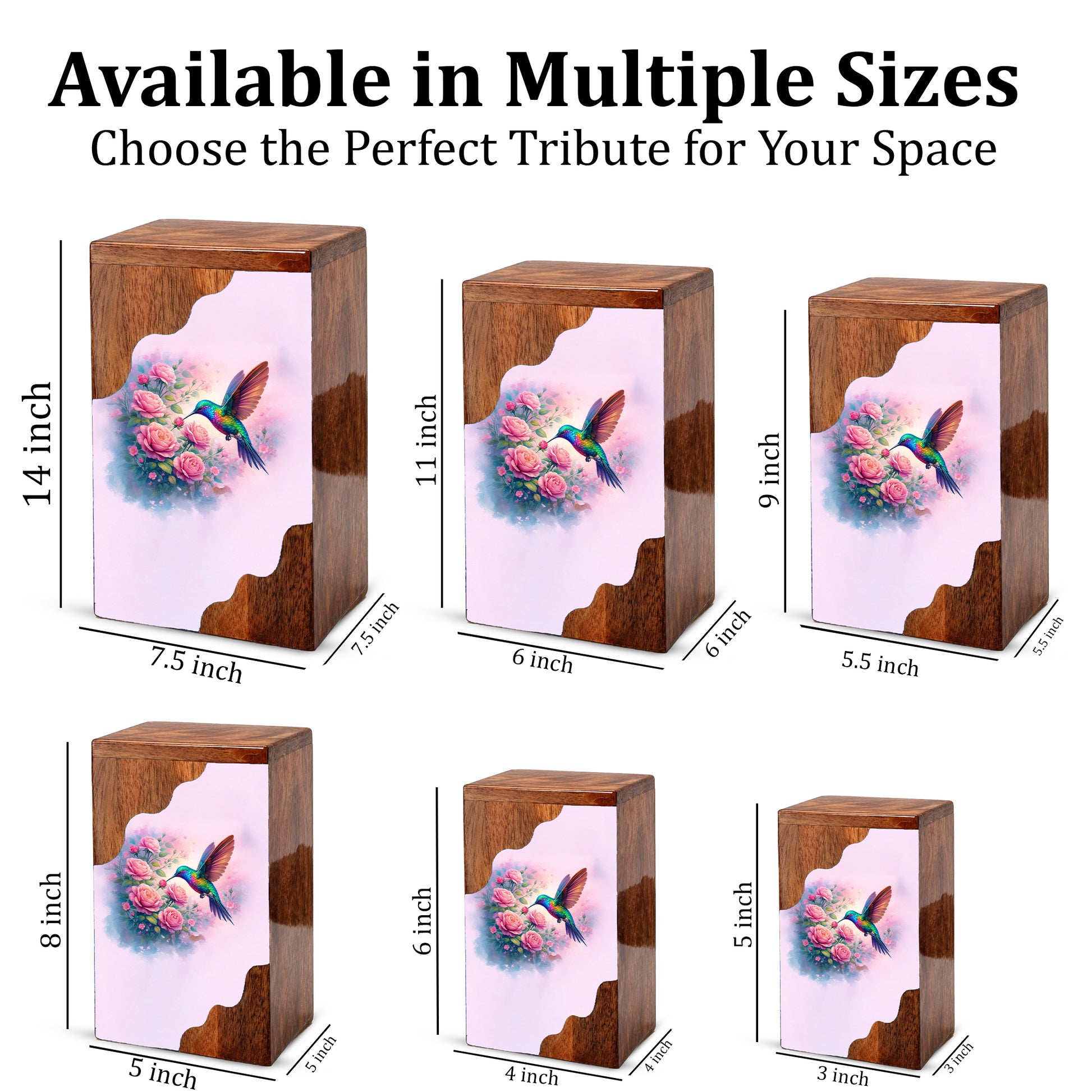 Hummingbird Wooden Cremation Urn – Floral Memorial Urn with Hummingbird Design