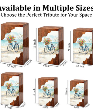 Wooden Cremation Urn – Coastal Bicycle Memorial Urn | Beach Memory Wooden Urn for Ashes