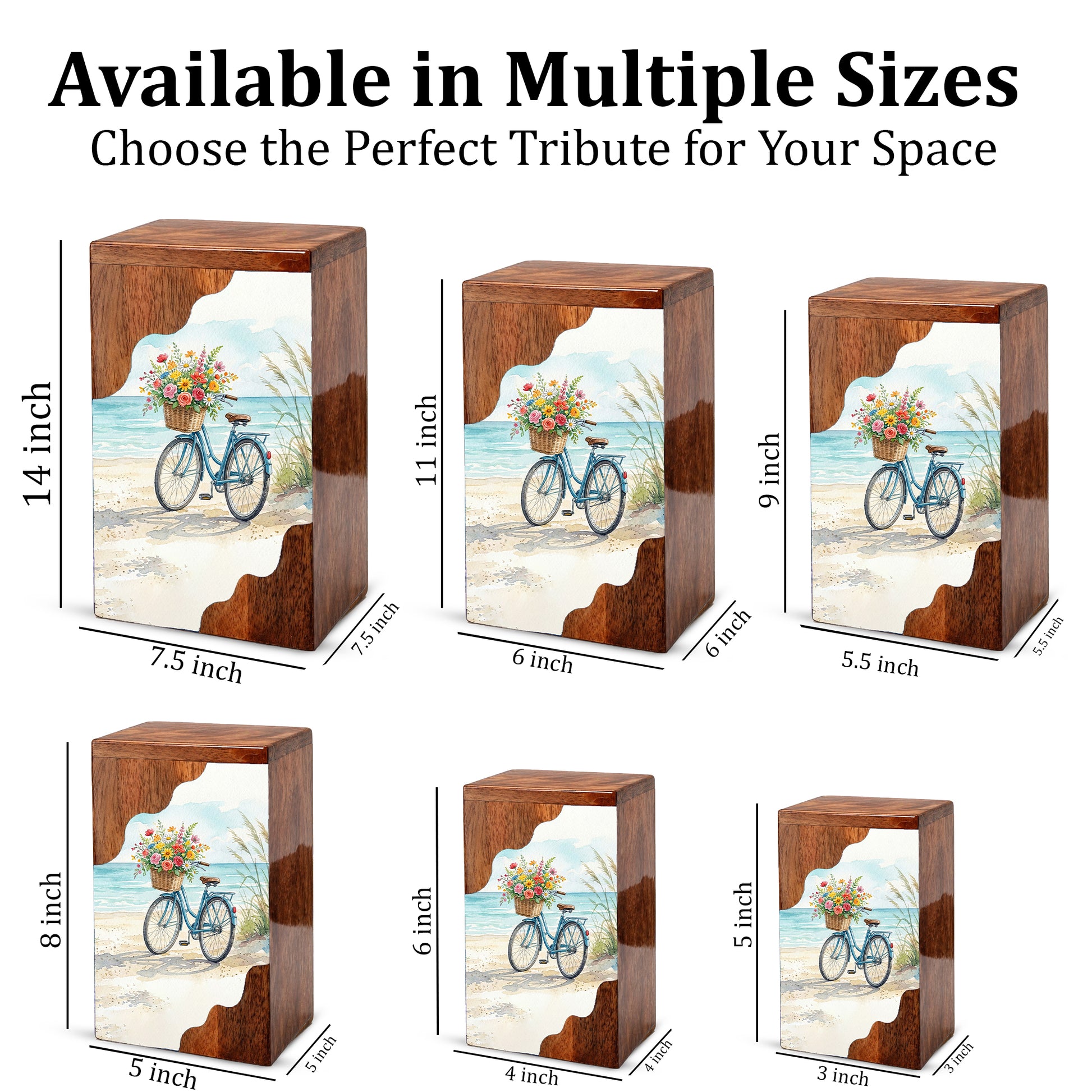 Wooden Cremation Urn – Coastal Bicycle Memorial Urn | Beach Memory Wooden Urn for Ashes