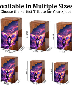 Motorcycle Angel Wings Wooden Cremation Urn – Ride Free Memorial Urn for Human Ashes