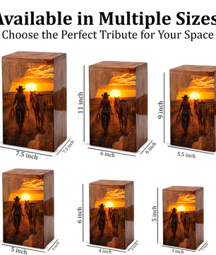 Western Wooden Cremation Urn – Cowboy Memorial Urn for Ashes | Sunset Horse Memorial Urn
