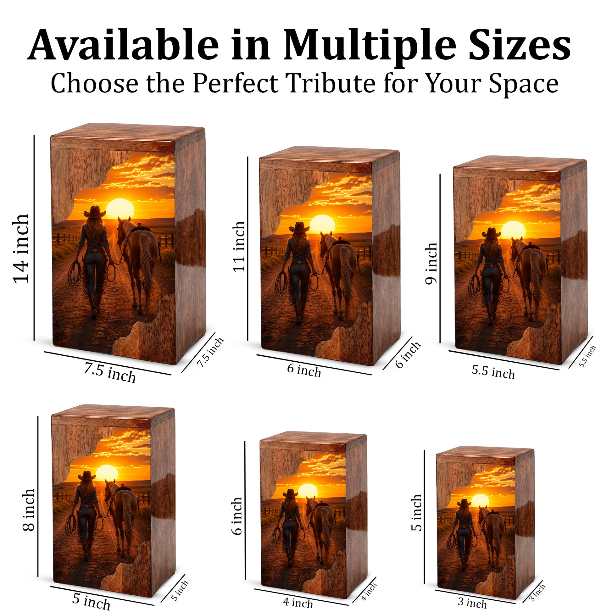 Western Wooden Cremation Urn – Cowboy Memorial Urn for Ashes | Sunset Horse Memorial Urn