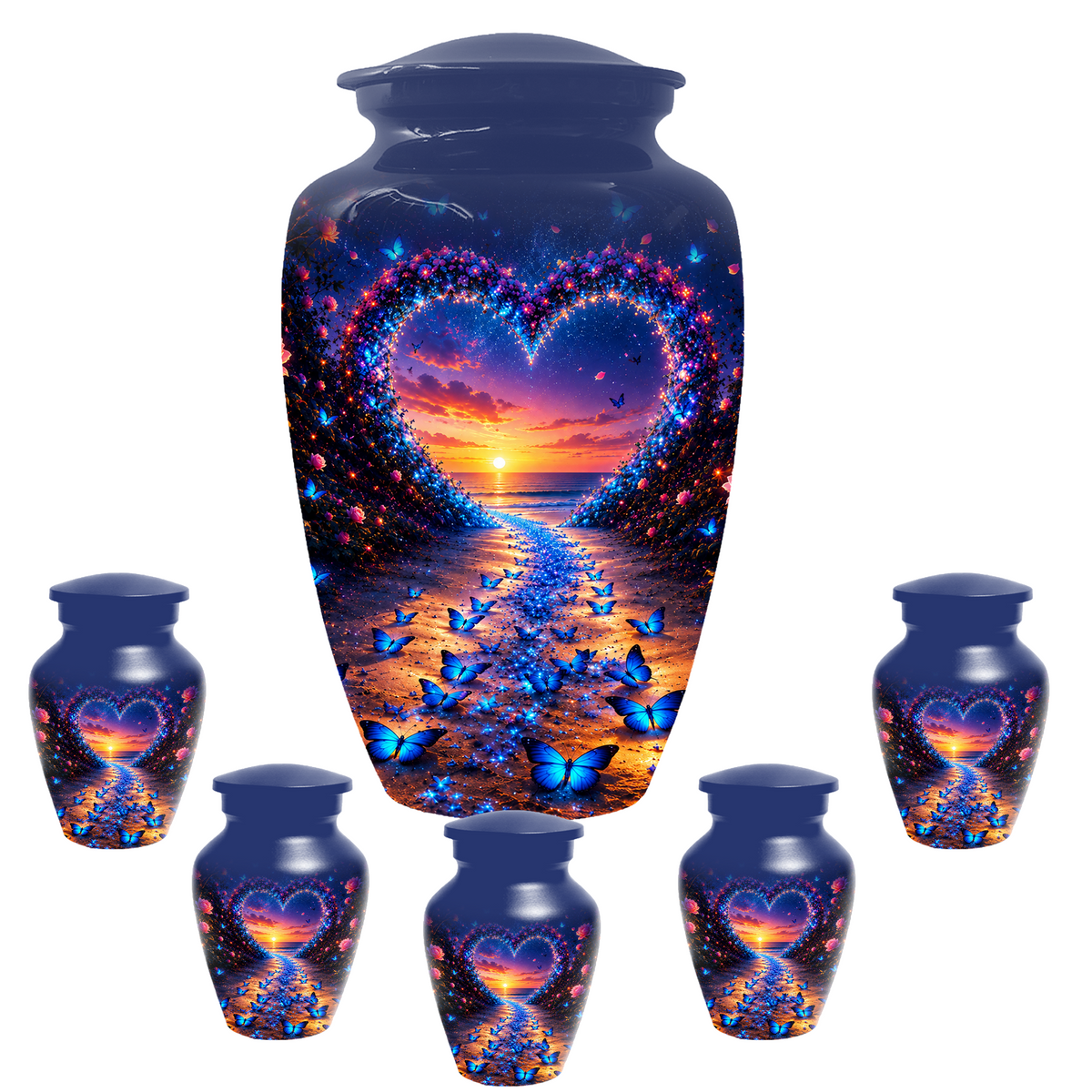 Blue Butterfly Cremation Urn for Ashes - Heart Beach Sunset Keepsake Urns