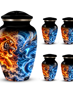 Personalized Adult Cremation Urn for Ashes, Fire and Ice Tiger and Dragon Memorial Urn