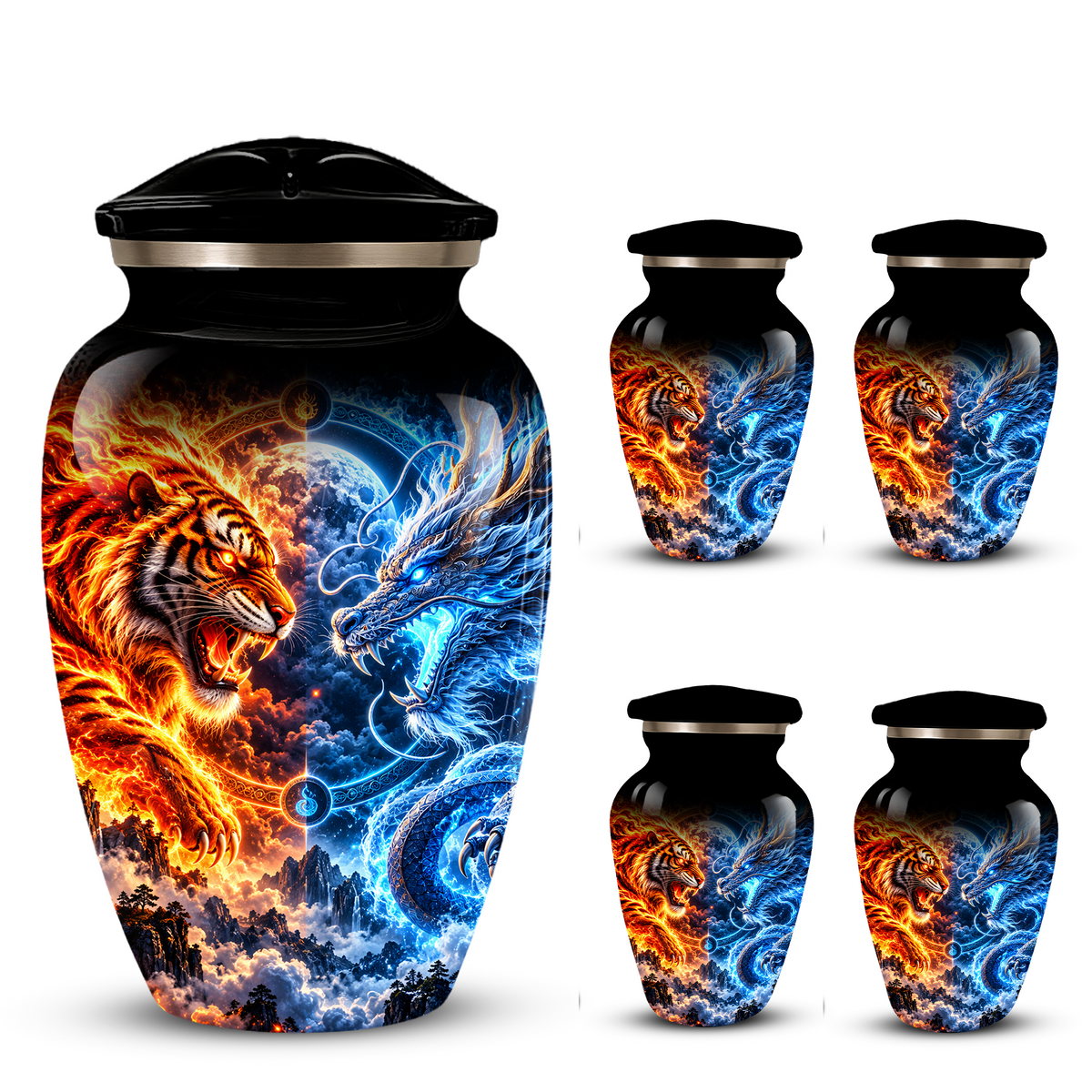 Personalized Adult Cremation Urn for Ashes, Fire and Ice Tiger and Dragon Memorial Urn