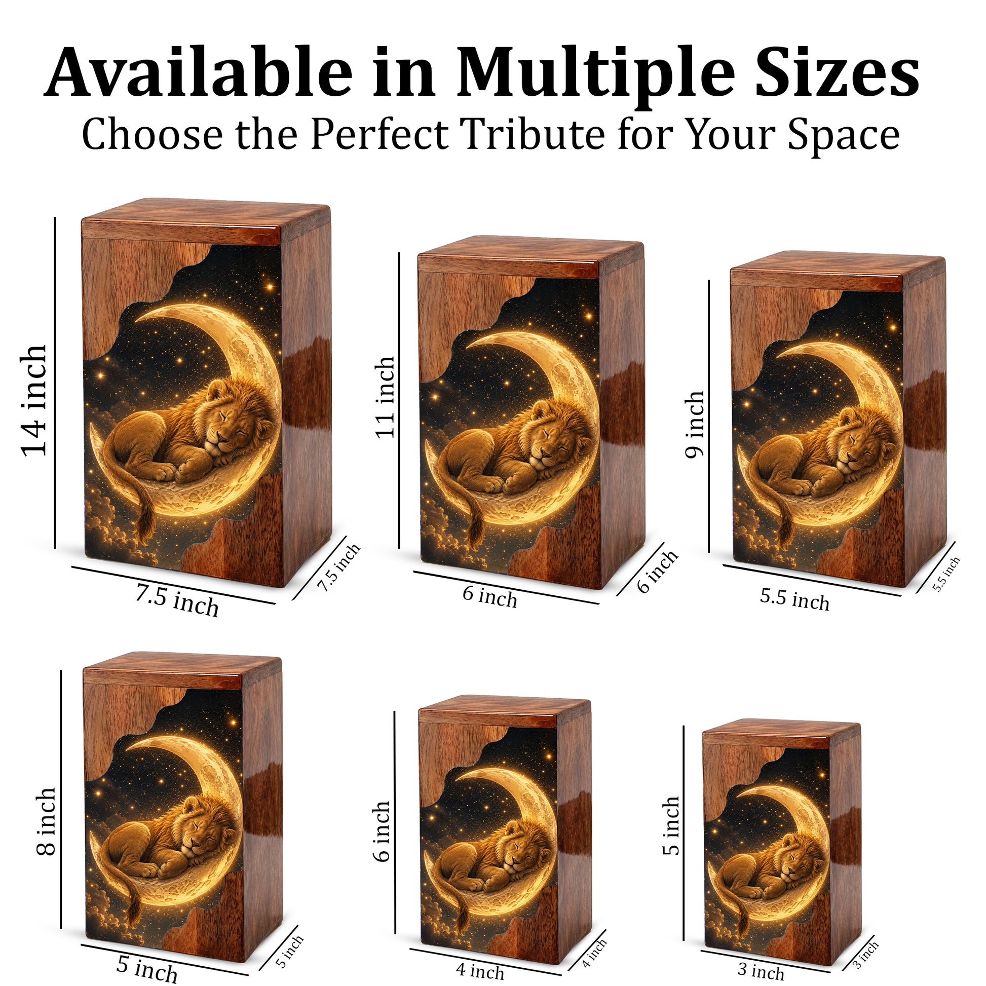 Lion Wooden Cremation Urn – Celestial Moon Memorial Urn for Human Ashes