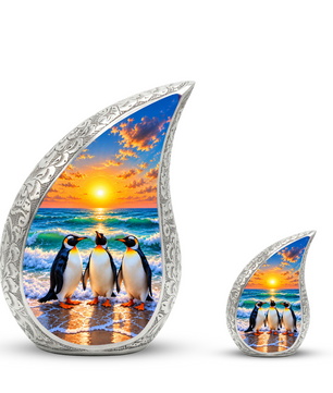 Penguin Cremation Urn for Ashes, Beach Sunset Memorial Urn, Adult Aluminum Cremation Urn