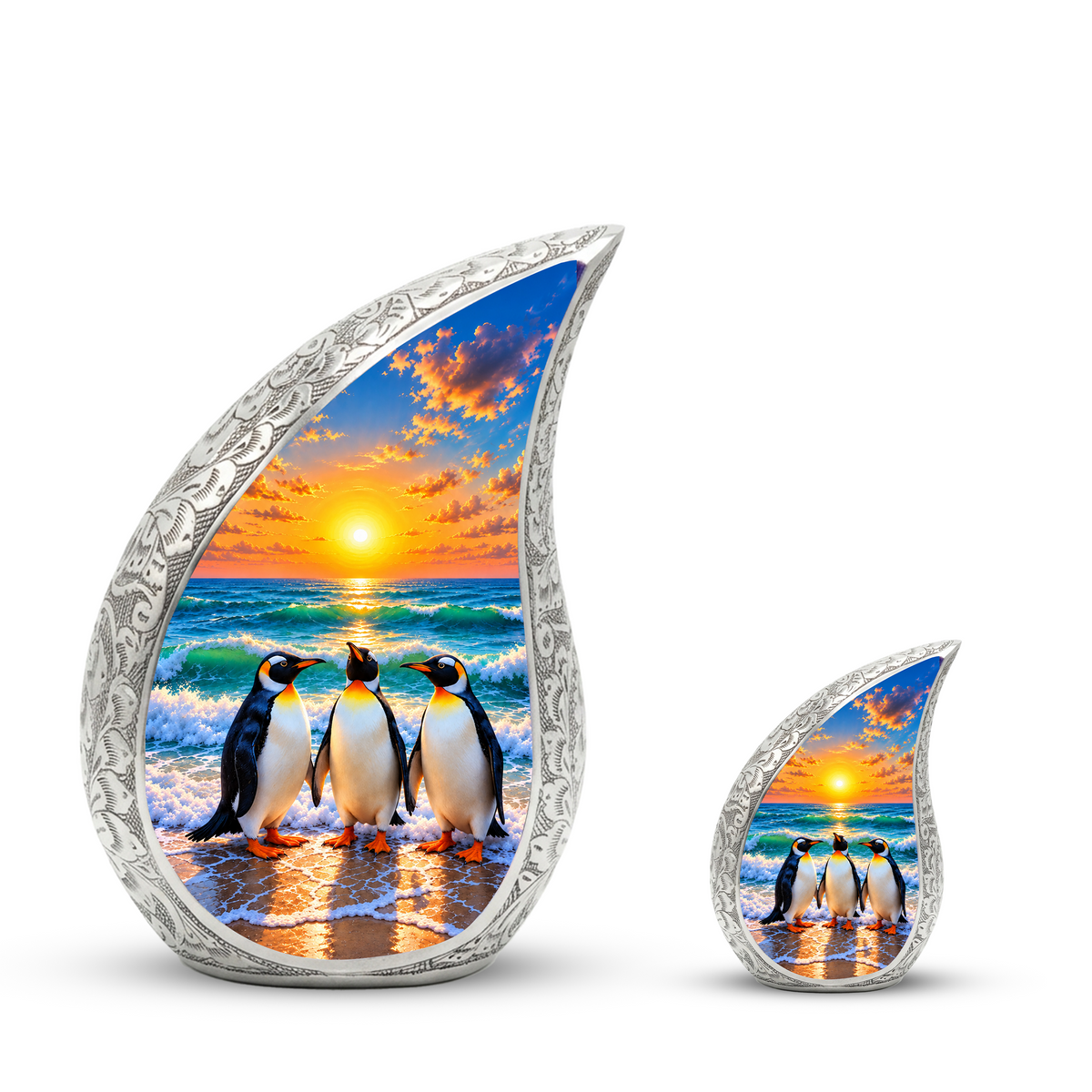 Penguin Cremation Urn for Ashes, Beach Sunset Memorial Urn, Adult Aluminum Cremation Urn