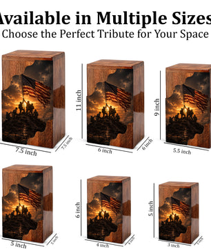 Patriotic Wooden Cremation Urn | Veteran Memorial Urn for Dad | Military Urn with American Flag
