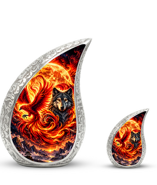 Wolf and Phoenix Urn for Human Ashes, Adult Cremation Urn with Fiery Phoenix and Black Wolf