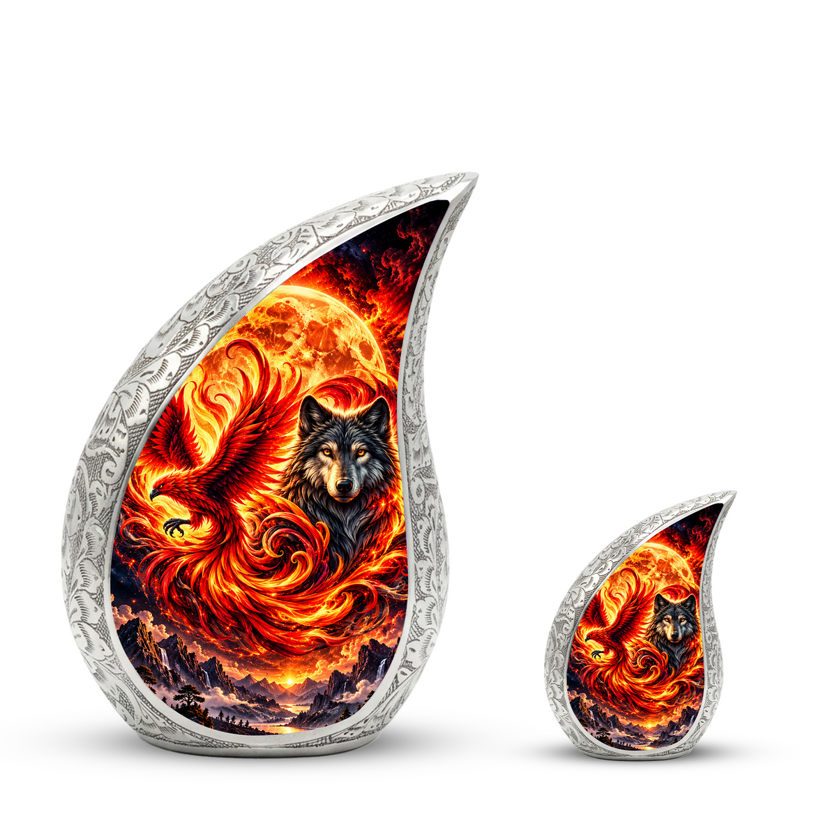 Wolf and Phoenix Urn for Human Ashes, Adult Cremation Urn with Fiery Phoenix and Black Wolf