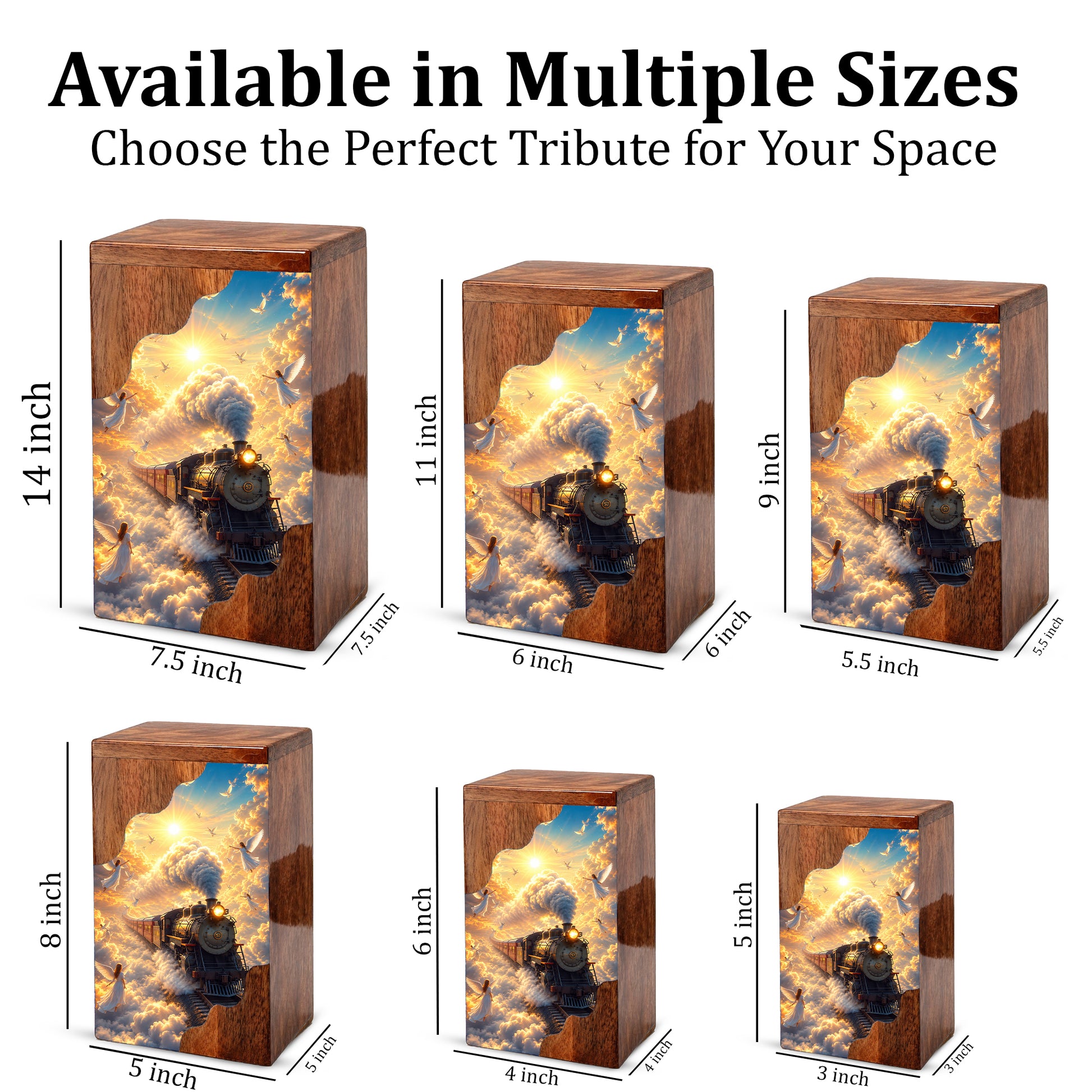 Heaven Bound Train Wooden Cremation Urn – Angel Memorial Urn | Wooden Urn for Human Ashes