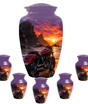 Motorcycle Urn for Dad Ashes -Beach Sunset Memorial Keepsake Urns for Men