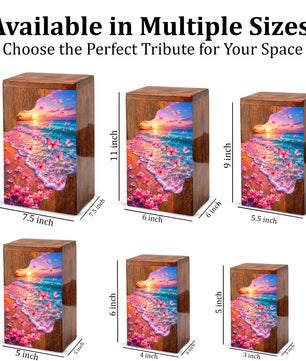 Pink Butterfly Beach Wooden Cremation Urn – Sunset Ocean Memorial Urn for Mom