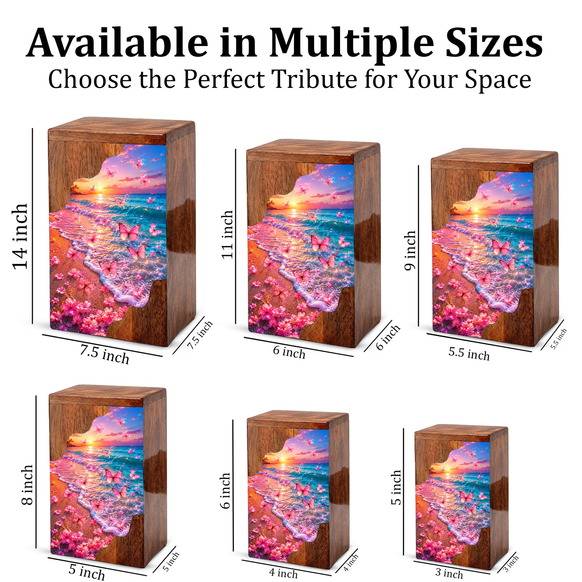 Pink Butterfly Beach Wooden Cremation Urn – Sunset Ocean Memorial Urn for Mom