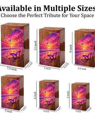 Butterfly Sunset Wooden Cremation Urn – Butterfly Memorial Urn for Human Ashes