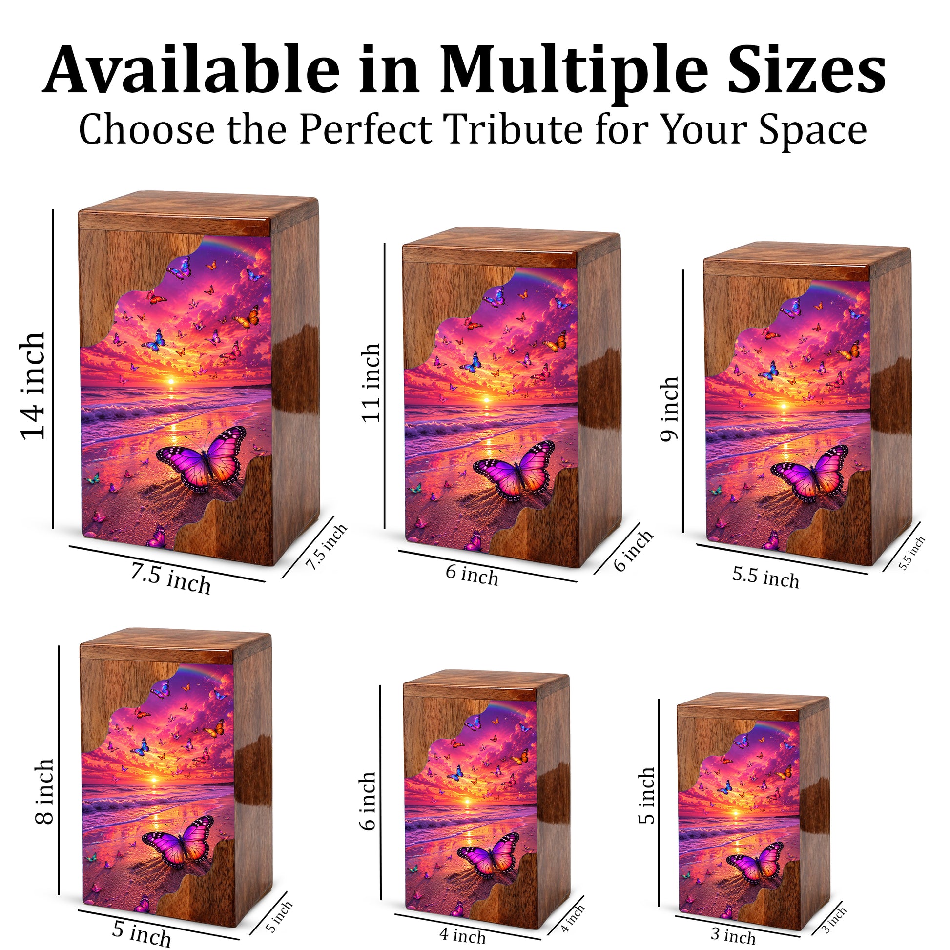 Butterfly Sunset Wooden Cremation Urn – Butterfly Memorial Urn for Human Ashes